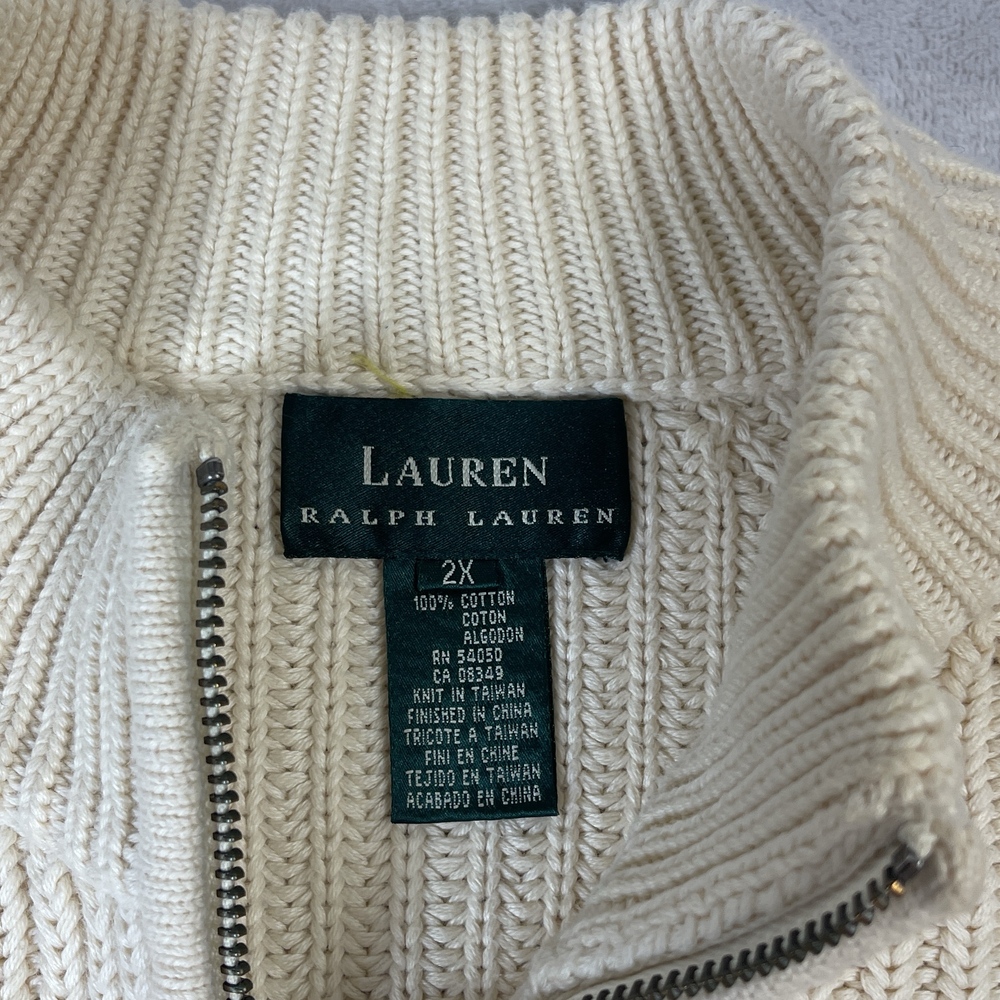 Ralph Lauren Men's Cream Quarter-Zip Sweater Size 2X 100% Cotton Ribbed Knit - Picture 2 of 5